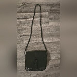 Talbots 80s Black Woven Basket Leather Crossbody Purse, Classic, Old Money,